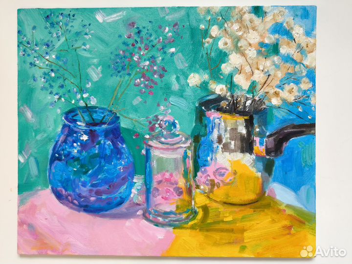 Картина натюрморт с посудой букет пушистиков