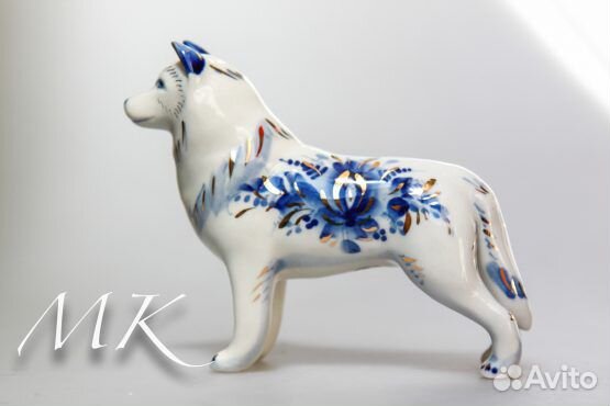 Сибирский Хаски в золоте - статуэтка из фарфора