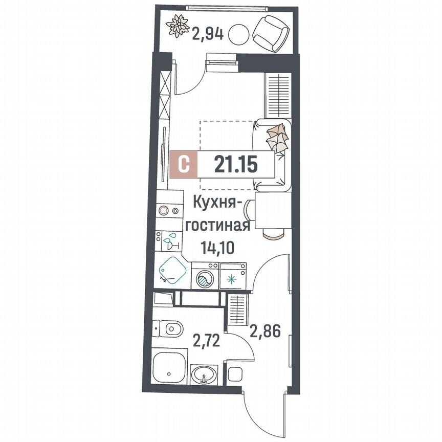 Квартира-студия, 21,2 м², 12/18 эт.