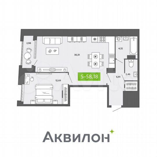 2-к. квартира, 58 м², 5/16 эт.