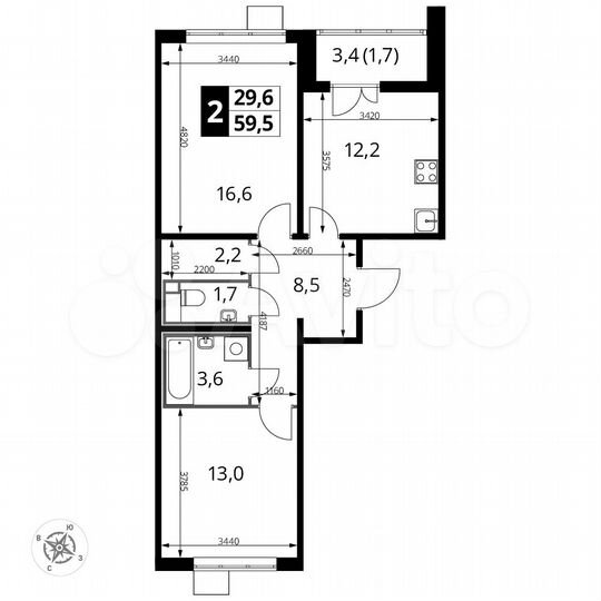 2-к. квартира, 59,5 м², 12/25 эт.