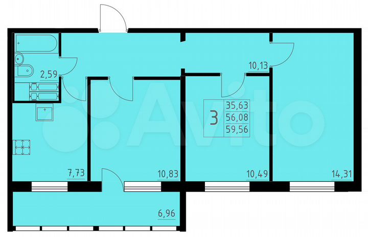 3-к. квартира, 59,6 м², 1/8 эт.
