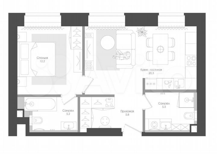 2-к. квартира, 54,3 м², 20/39 эт.