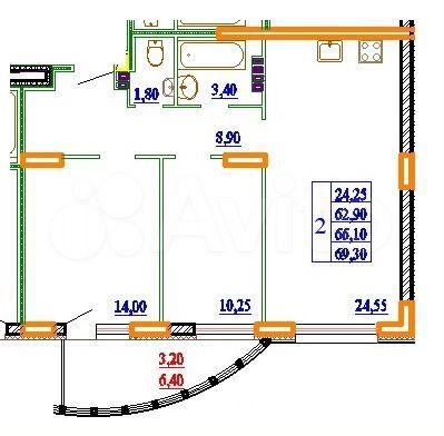 2-к. квартира, 69,3 м², 2/14 эт.