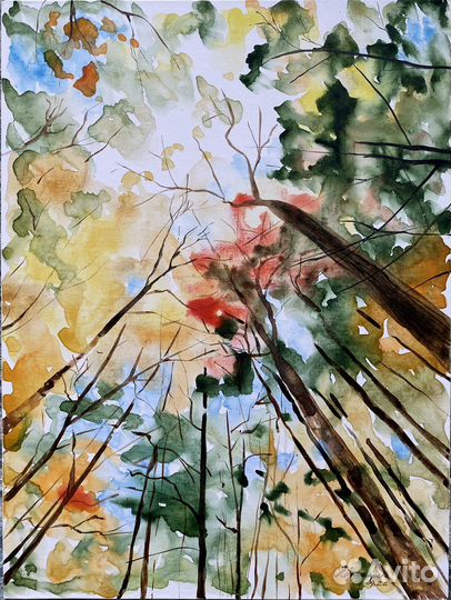 Картина Акварель пейзаж Осень Яркая