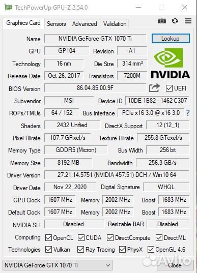 Видеокарта GeForce GTX 1070 Ti armor MSI