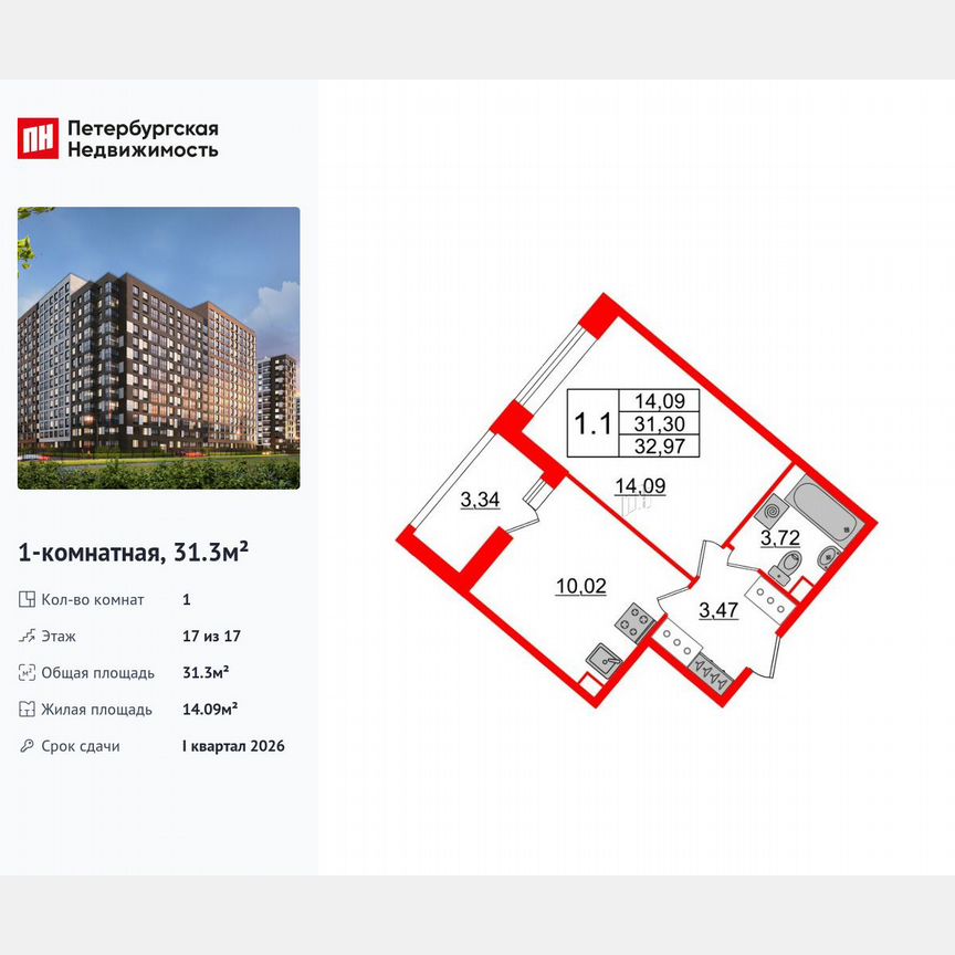 1-к. квартира, 31,3 м², 17/17 эт.