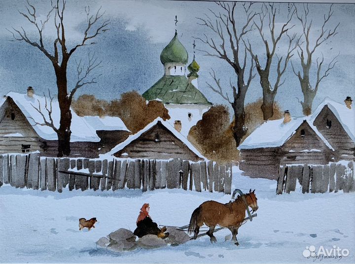 Картина акварель, Зимний пейзаж