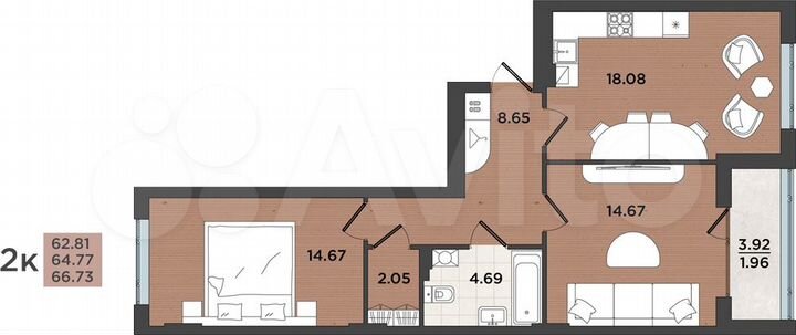 2-к. квартира, 64,8 м², 3/8 эт.