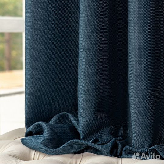 Шторы рогожка Орфей темно-лазурный новые пошив