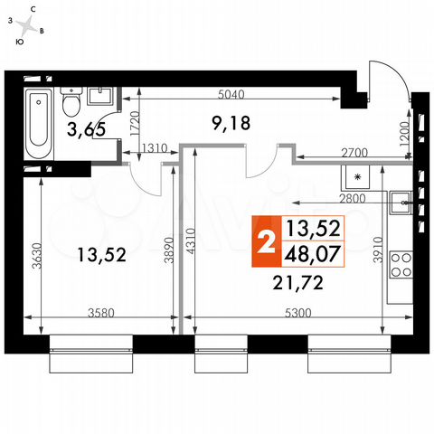 1-к. квартира, 48,1 м², 4/4 эт.