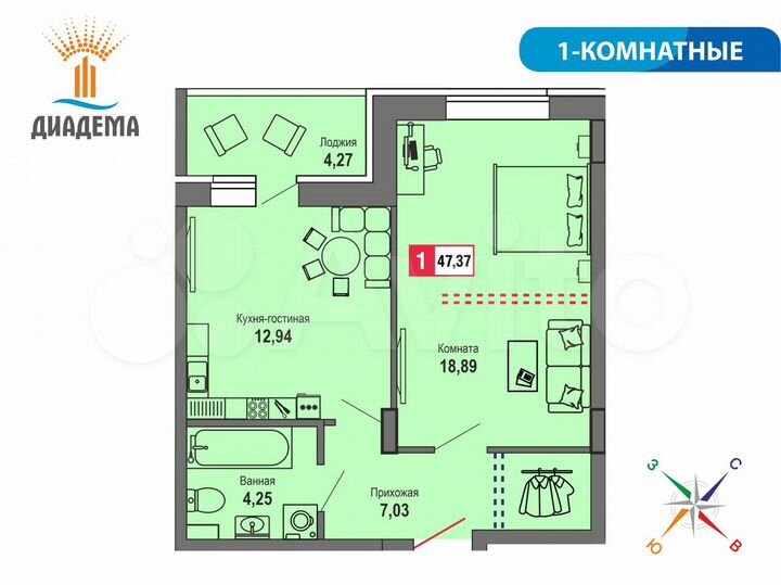 1-к. квартира, 47,4 м², 2/22 эт.