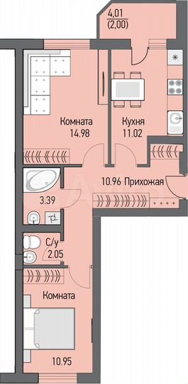 2-к. квартира, 54,9 м², 14/16 эт.