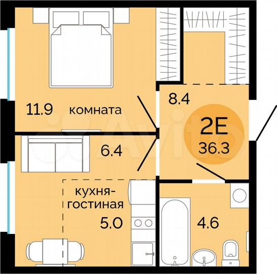 2-к. квартира, 36,3 м², 2/14 эт.