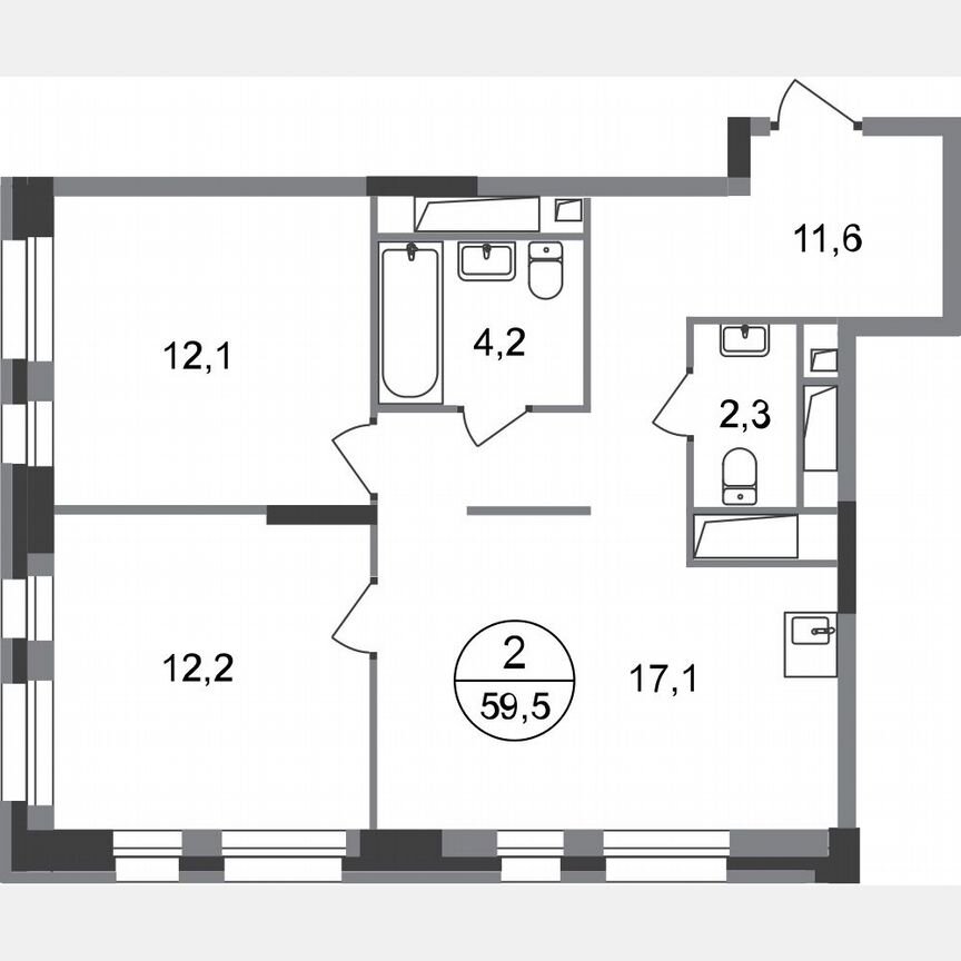 2-к. квартира, 59,5 м², 12/20 эт.