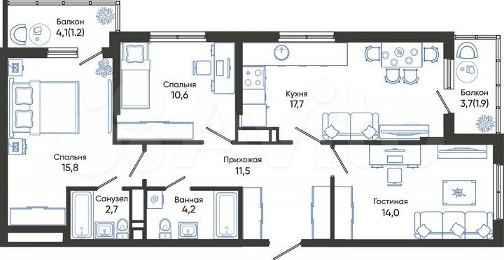 3-к. квартира, 79,6 м², 15/24 эт.