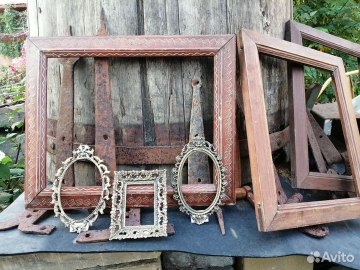 Старинная деревянная рамка латунь картина