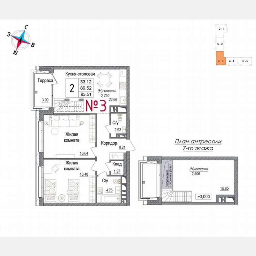 2-к. квартира, 92,1 м², 7/7 эт.