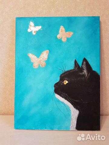 Картина маслом "Кошка и бабочки" на холсте