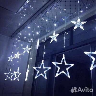 Гирлянда штора звезды занавес новогодняя на окно