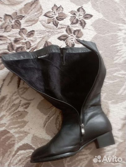 Сапоги зимние, кожаные, женские на широкую ногу