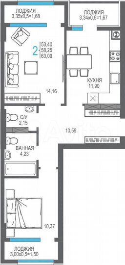 2-к. квартира, 58,3 м², 4/8 эт.