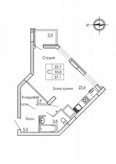 Квартира-студия, 37,1 м², 6/18 эт.