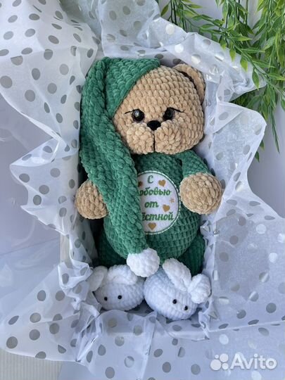 Вязаный именной Плюшевый мишка Тедди с метрикой
