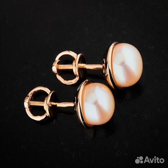 Серьги пусеты из красного золота с жемчугом