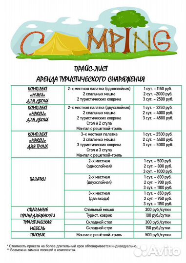Прокат палаток, туристического снаряжения