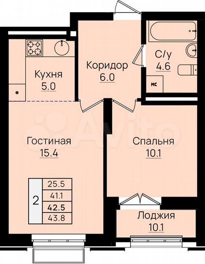 2-к. квартира, 42,5 м², 6/8 эт.