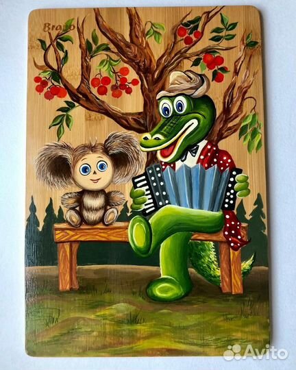 Гена и Чебурашка. Разделочная доска ручной работы