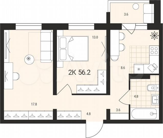 2-к. квартира, 56,2 м², 11/14 эт.