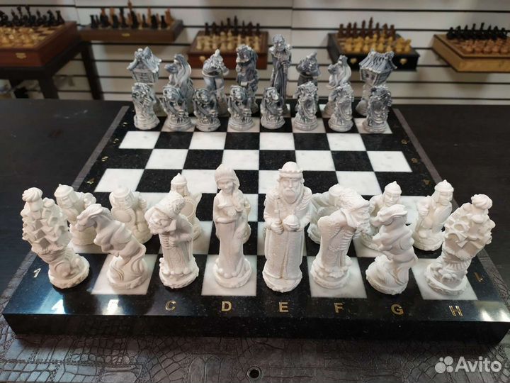 Шахматы Русские сказки мрамор змеевик