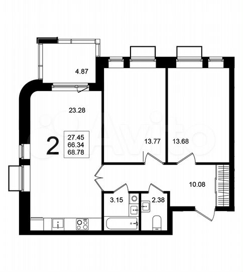 2-к. квартира, 68,8 м², 2/5 эт.