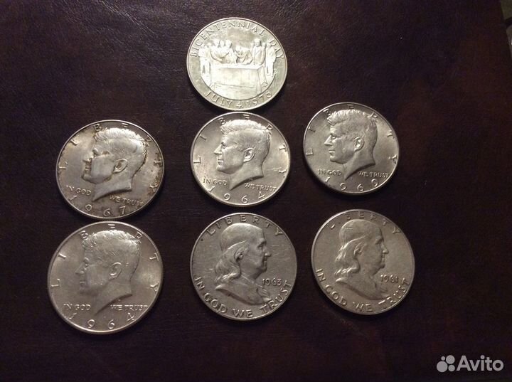 Монеты серебро,1/2 доллар 1961,1963,1964,1967,1969