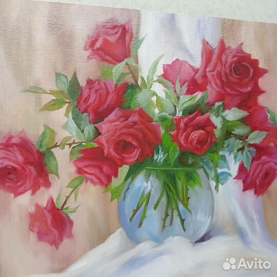 Картина маслом на холсте цветы Розы в вазе