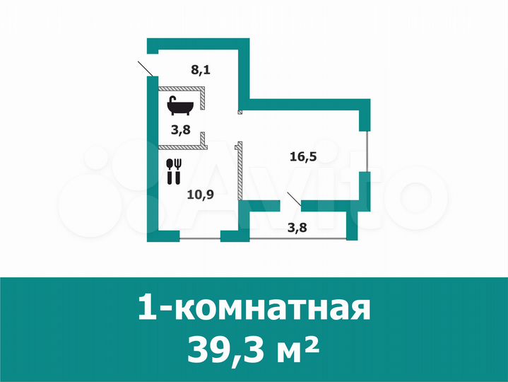 1-к. квартира, 39,3 м², 1/4 эт.