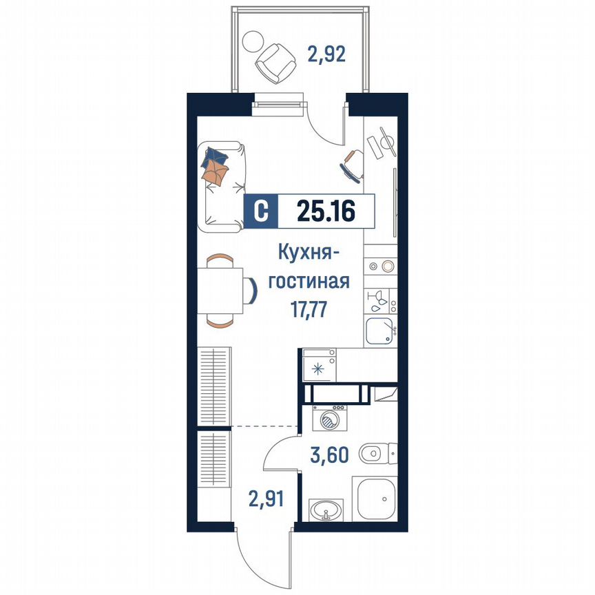 Квартира-студия, 25,2 м², 10/18 эт.