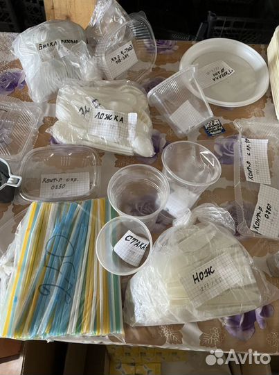 Пластиковые вилки, ложки, ножи, тарелки, контейнер
