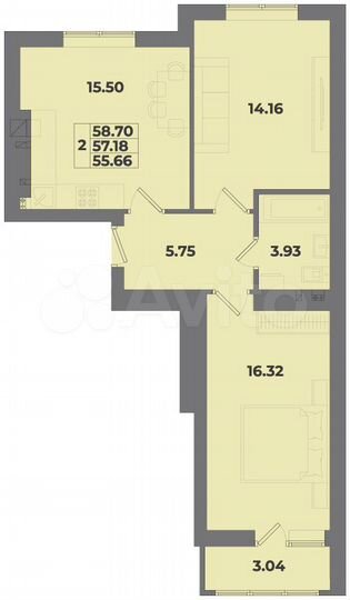 2-к. квартира, 58,7 м², 9/10 эт.
