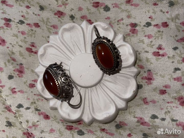 Серьги серебро СССР с сердоликом
