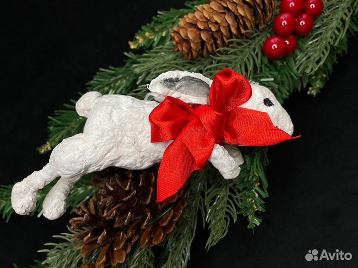 Ватная елочная игрушка Заяц ручная работа