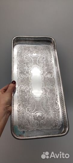 Поднос высота 3,5 см, серебрение, размер 19*41 см