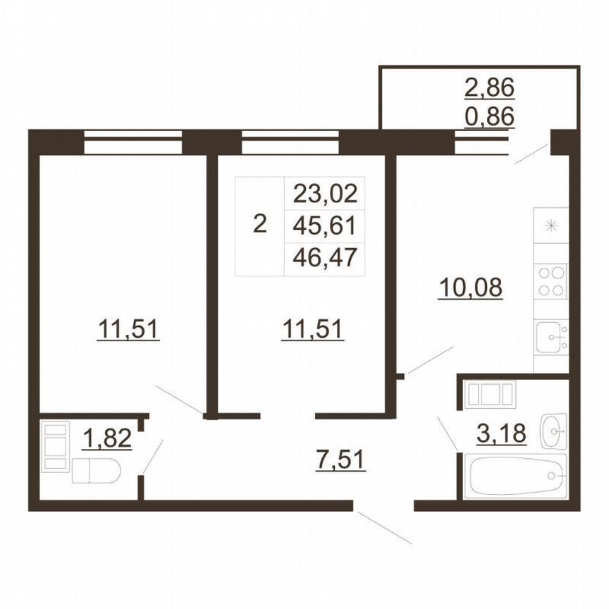 2-к. квартира, 46,5 м², 2/6 эт.