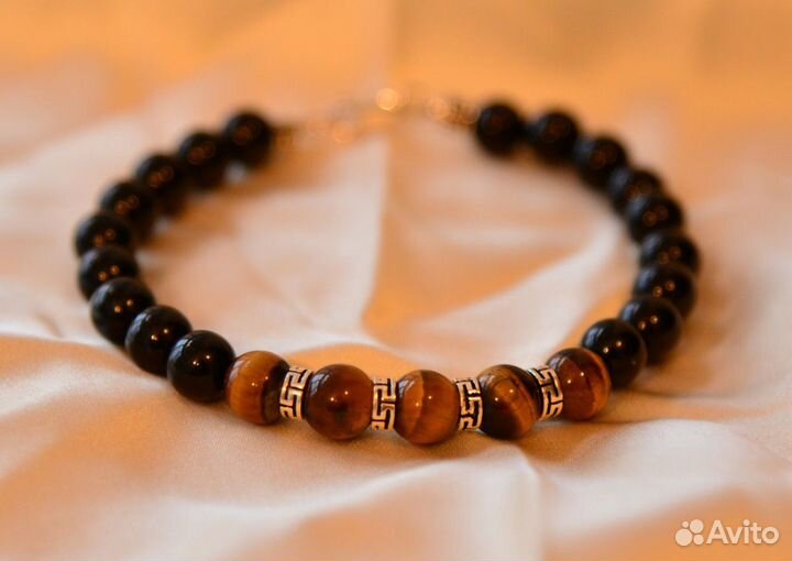 Браслет из агата, тигрового глаза и серебра 925