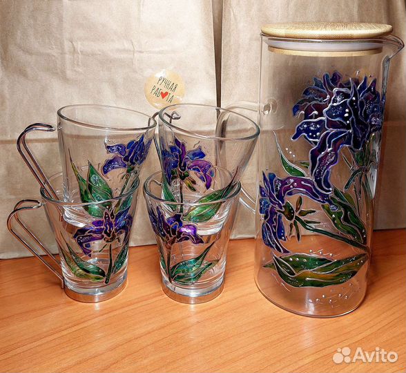 Стакан, вазы, графины с витражной росписью