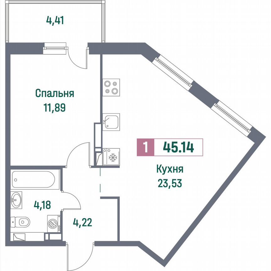 1-к. квартира, 45,1 м², 4/16 эт.