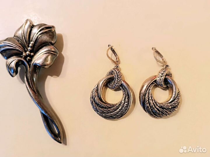 Серьги и брошь серебро 960 Винтаж
