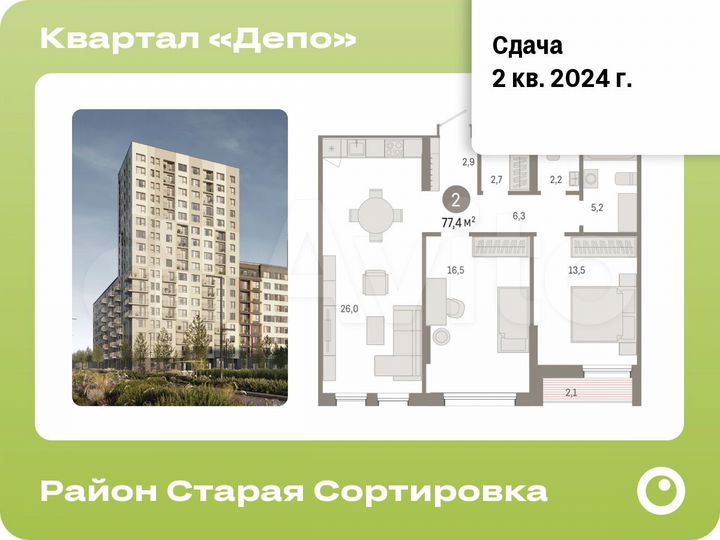 2-к. квартира, 77,4 м², 8/17 эт.